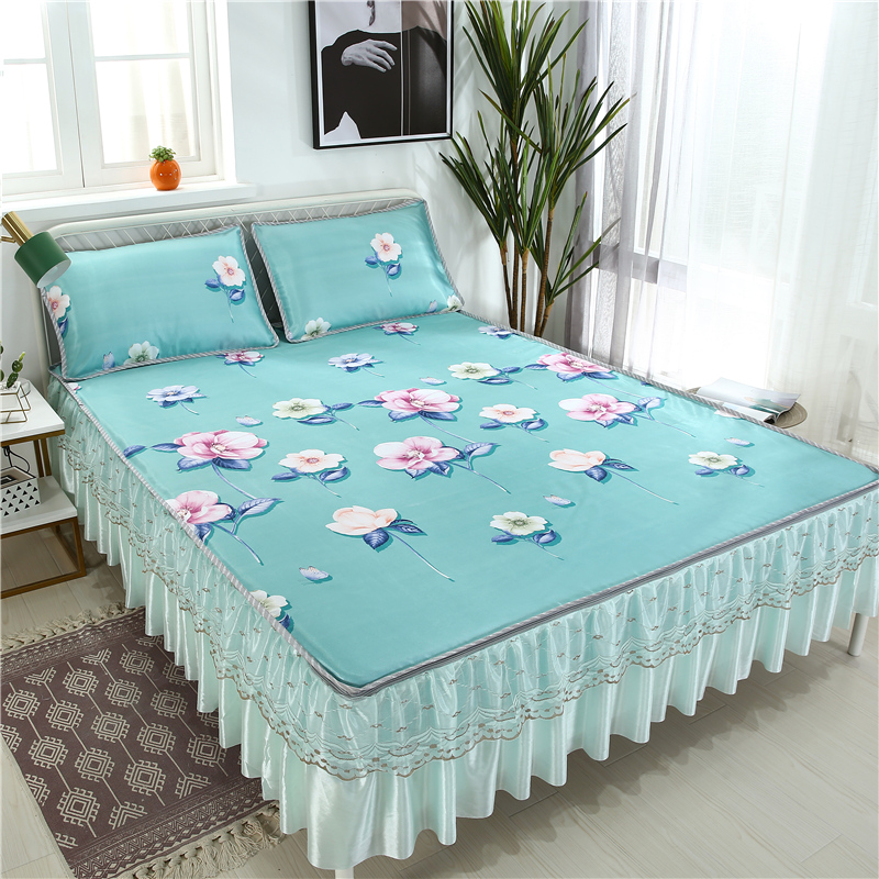 美帮汇可水洗折叠冰丝凉席三件套床裙床笠款夏季夏天机洗的凉滑床单软席高清大图