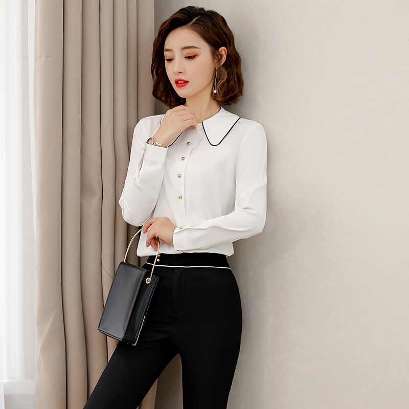 2019秋季韩版新款工作服时尚白色雪纺系带衬衫女长袖修