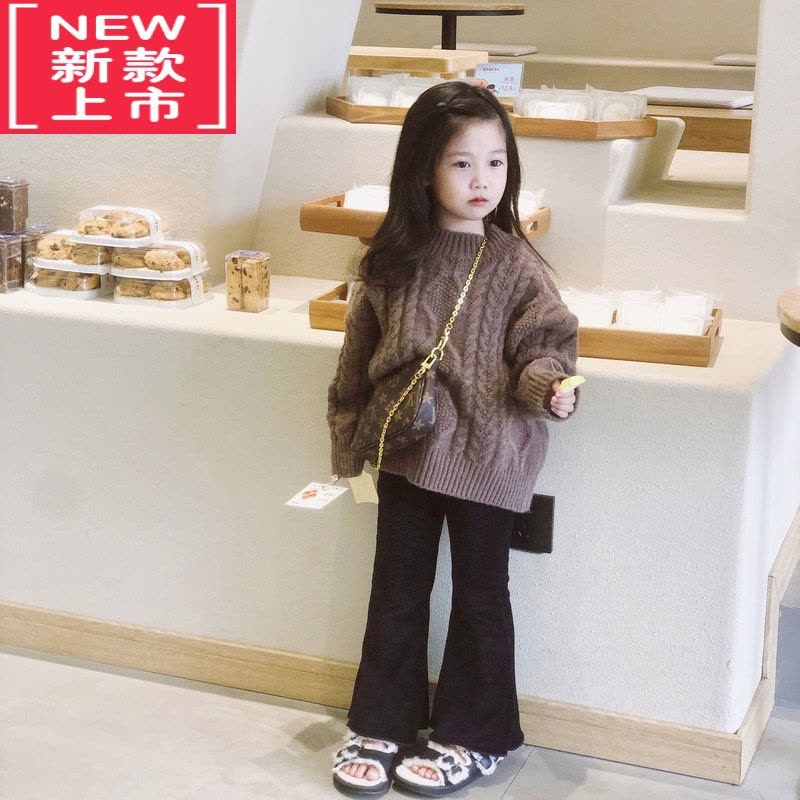 可莉允恬恬很甜 2022新款女童冬季慵懒风时髦咖色麻花百搭套头毛衣图片