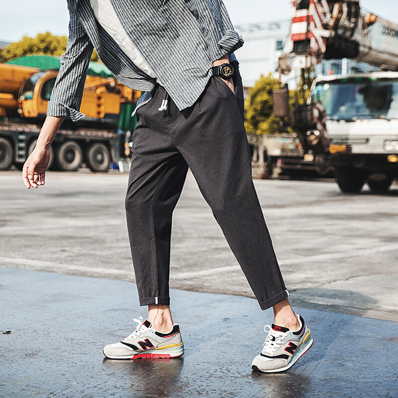 梵克公牛麻休闲裤男士春季新款灰色常规哈伦裤流韩版九分裤子男生