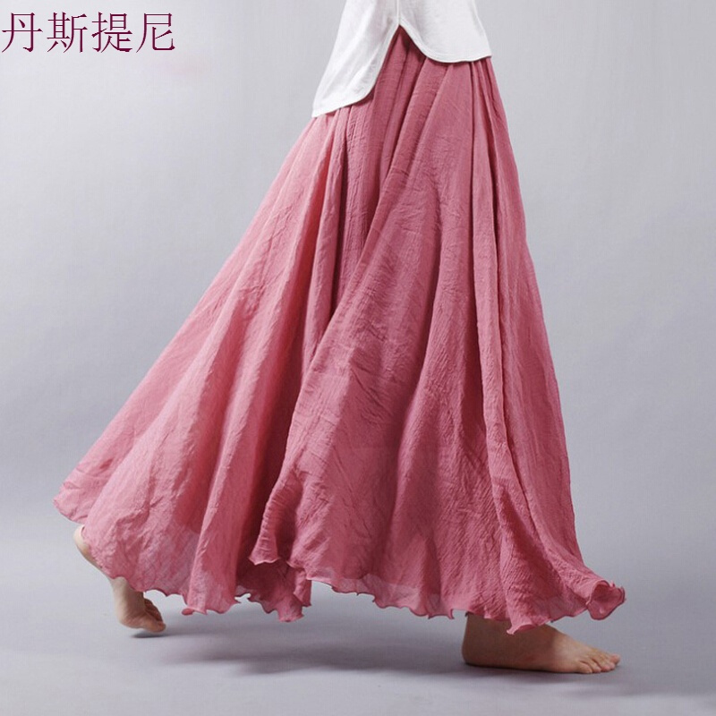棉麻半身裙春夏中长款亚麻仙女文艺高腰大摆a字显瘦百褶长裙子