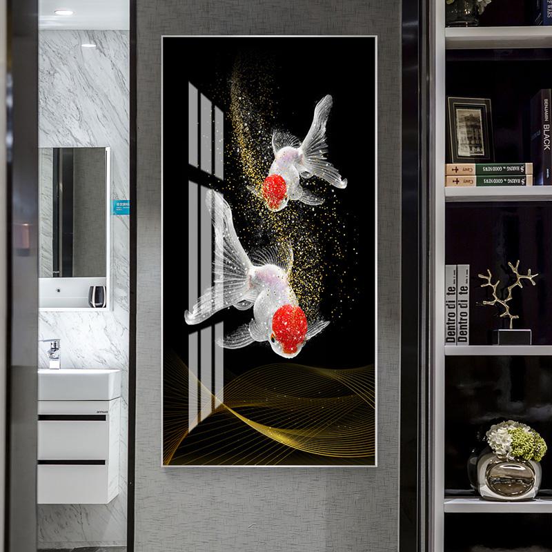 九鱼图玄关装饰画走廊过道挂画客厅酒店 九鱼运财(金色边框) 60*120cm晶瓷画(晶瓷工艺+金属框)统一发金色边框(需高清大图