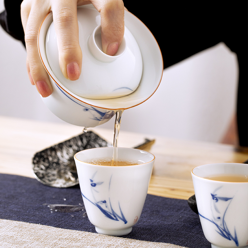 景德镇陶瓷青花盖碗茶杯手工三才盖碗套装白瓷泡茶功夫茶具