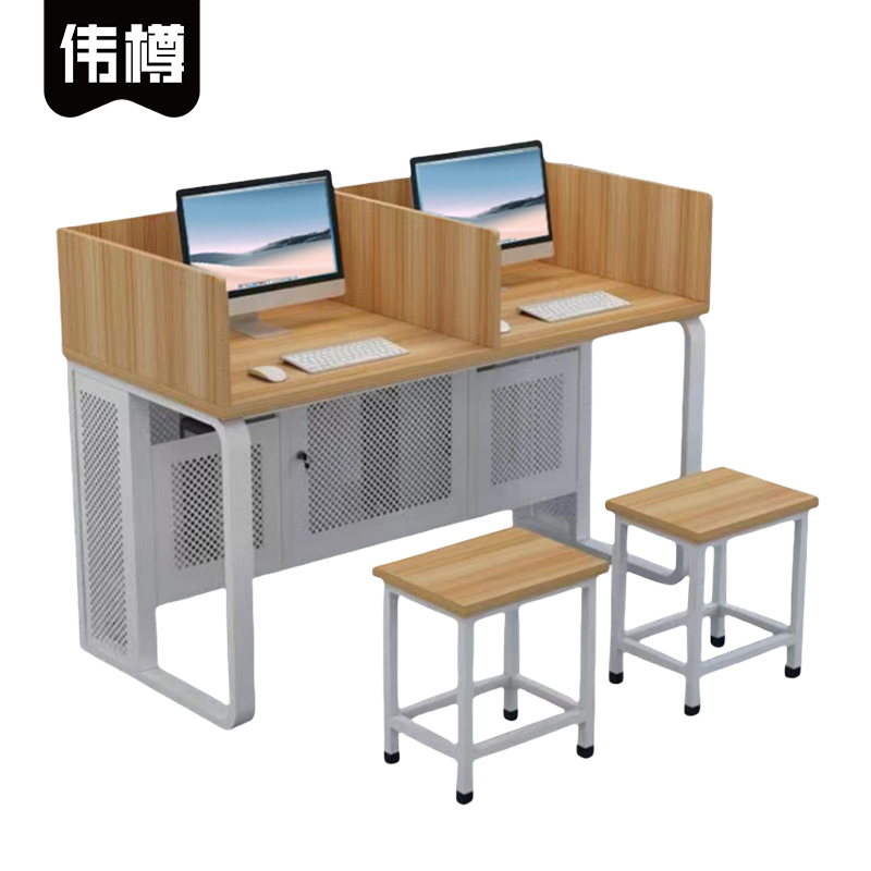 伟樽培训电脑桌带屏风一桌二凳140*60*75cm套高清大图