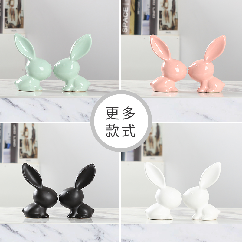 现代家居客厅陶瓷摆件创意桌面电视酒柜装饰品摆件萌兔房间小摆设 三维工匠 浅绿色小萌兔一对高清大图