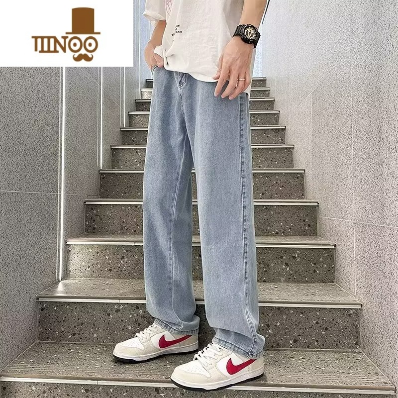 YANXU浅色牛仔裤男秋季薄款潮牌阔腿裤子男生高街直筒宽松蓝色休闲长裤高清大图