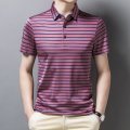 桑蚕丝男士短袖t恤薄款带领天丝光棉翻领条纹POLO衫男装中年潮流 170 深粉