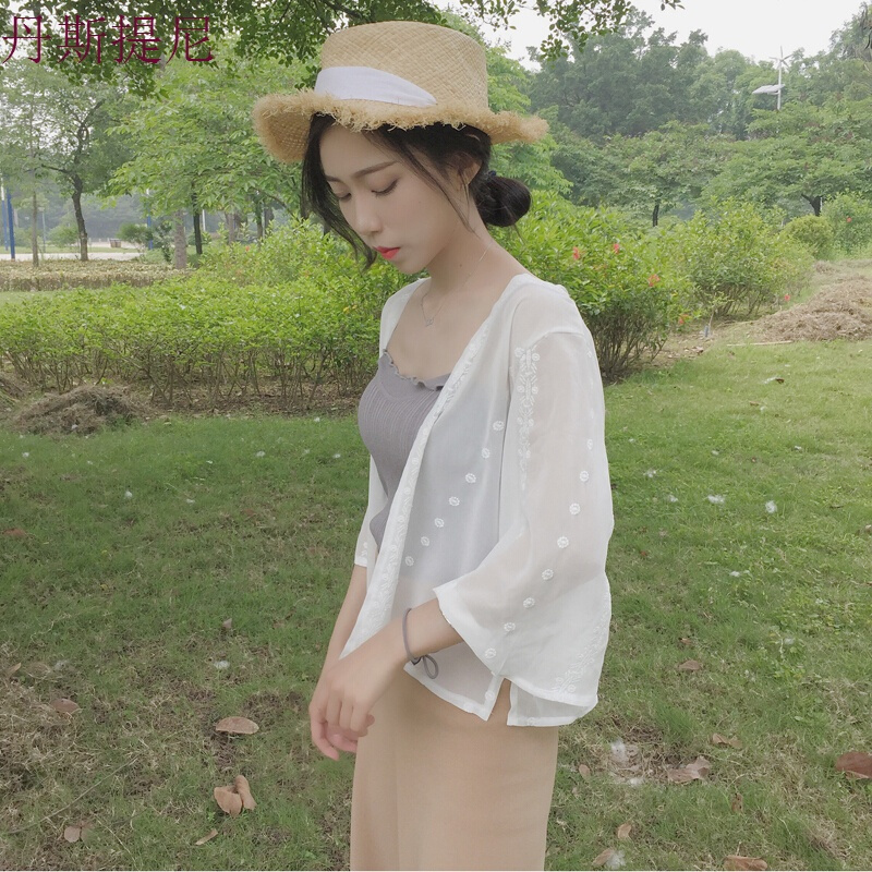 防晒衣女2018夏季短款柔美雪纺开衫透气韩版空衫外套805开衫+灰色小背心均码