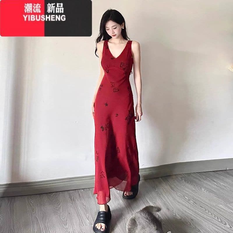 YIBUSHENG红色v领吊带碎花连衣裙子女季2024新款收腰修身包臀裙背心长裙图片
