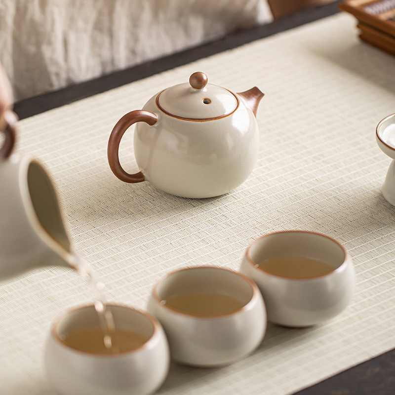 金镶玉 仿宋汝窑茶具套装 家用整套陶瓷西施壶泡茶功夫茶具送礼礼盒装 秋露米黄汝窑茶具套装 10头