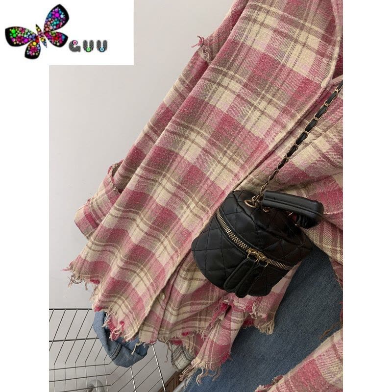 语娄美式复古粉色格子衬衫外套女长袖上衣衬衣慵懒风秋季早秋2023新款图片