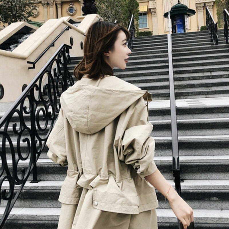 2018韩版春秋季风衣女中长款连帽bf原宿风宽松学生外套上衣潮卡其色