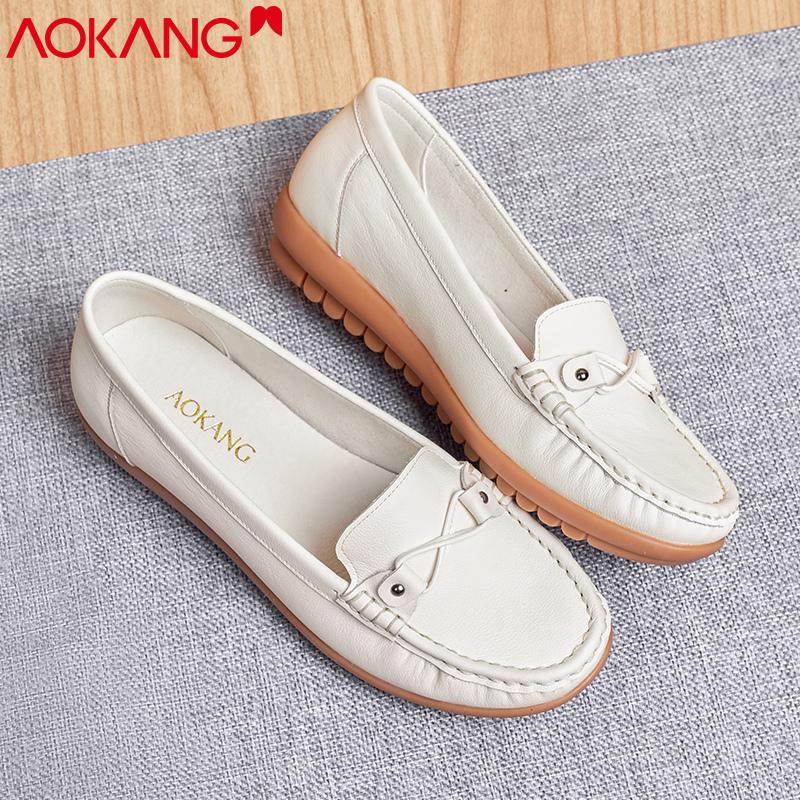 奥康女鞋春夏季休闲皮鞋女牛皮透气豆豆鞋软底护士鞋中年妈妈鞋