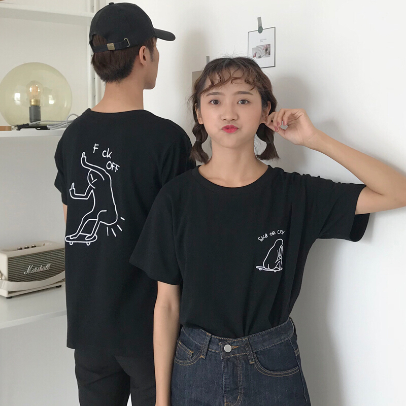 夏装女装2018新款韩版个性卡通刺绣情侣闺蜜款宽松短袖T恤上衣潮