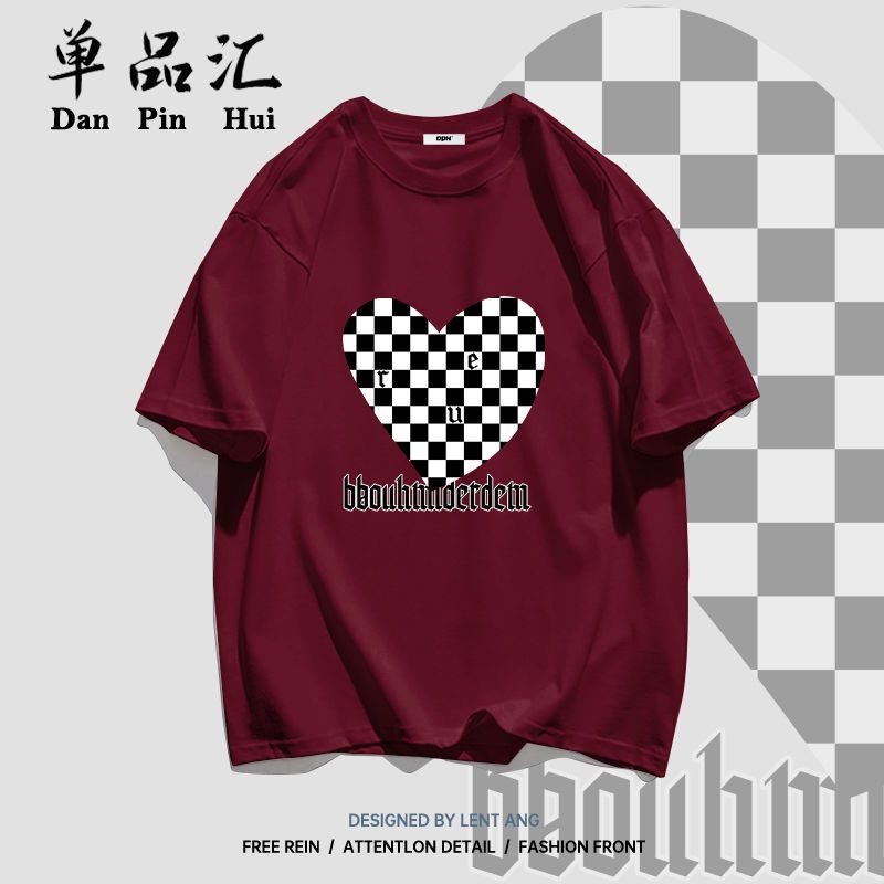 单品汇 纯棉T恤女学生夏季短袖新款棋格爱心印花百搭宽松慵懒上衣