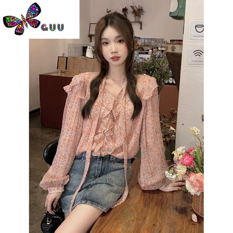 语娄粉色碎花雪纺衫2023新款女长袖宽松荷叶边宽松遮肚子显瘦上衣夏季