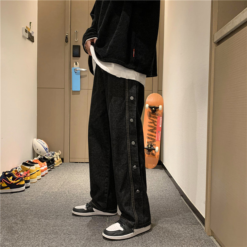 排扣牛仔裤男潮牌高街ins宽松直筒阔腿夏季长裤韩版潮流学生裤子 黑色