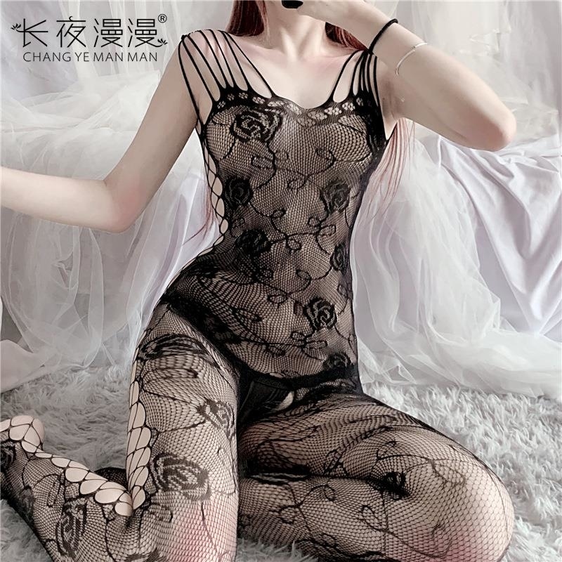 长夜漫漫情趣内衣女性感吊带诱惑开档连体网衣连裤袜026 黑色 精装（80-140斤）