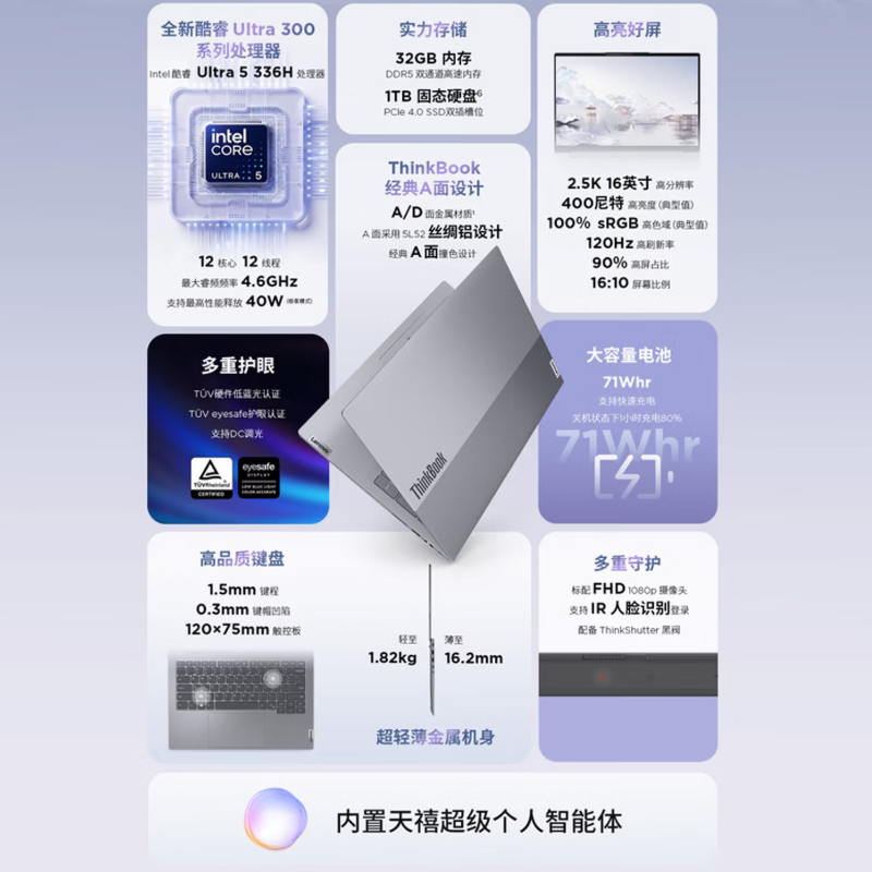 联想笔记本电脑ThinkBook16全能本英特尔酷睿Ultra7-356H 16英寸32G 1T 2.5K高清大图