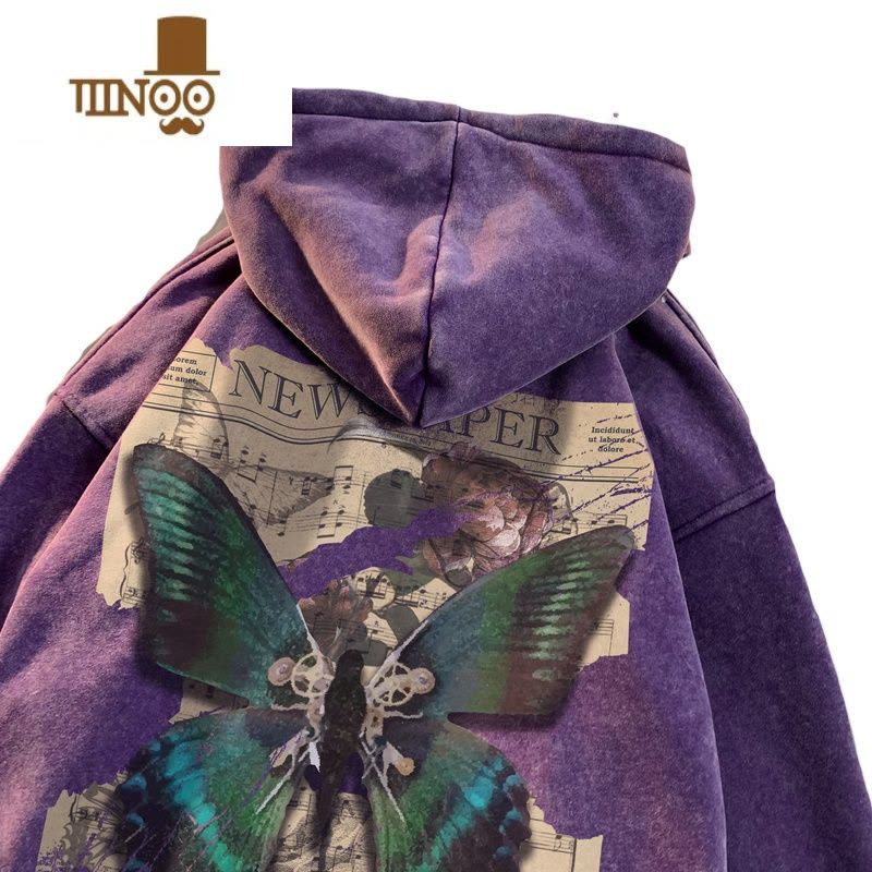 YANXU蝴蝶印花紫色连帽卫衣男潮牌美式复古水洗做旧宽松大码外套图片