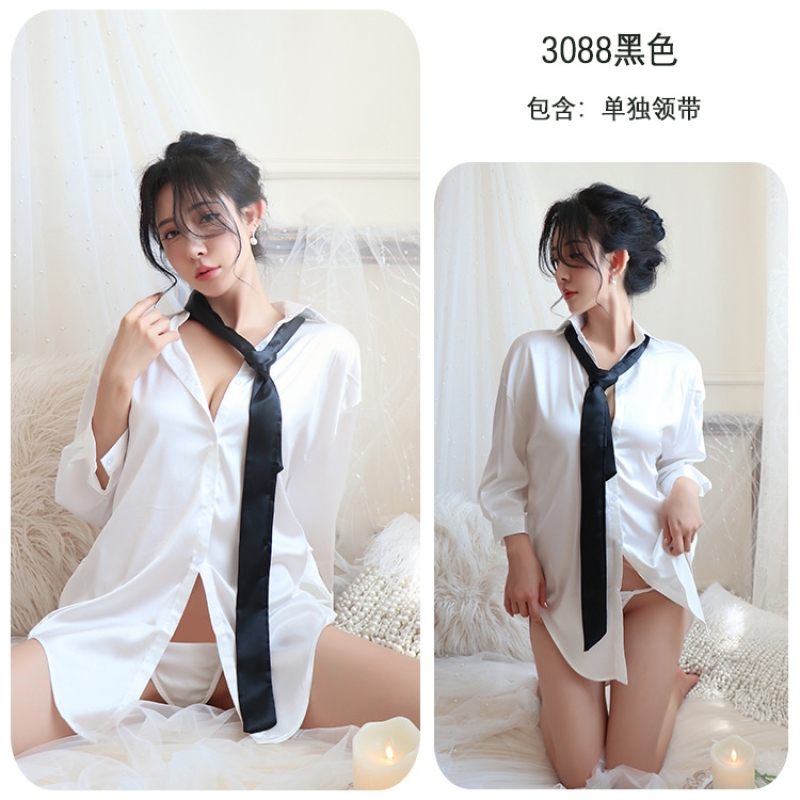 长夜漫漫情趣内衣纯欲性感男友风衬衫深V宽松大码女式家居服2117 单独领带(3088黑色) 均码(80-130斤)