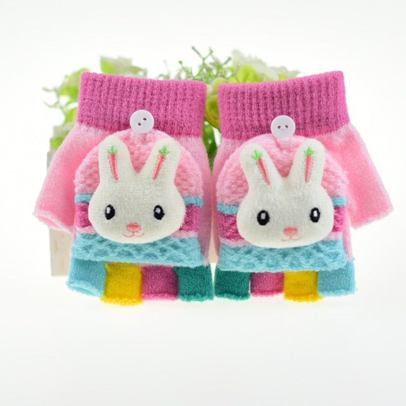 儿童手套冬保暖半指翻盖两用可爱幼儿男孩女孩五指针织小学生