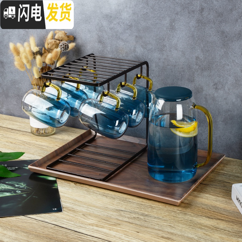 三维工匠客厅北欧家用轻奢冷水壶马克杯玻璃杯水杯喝水杯子套装水具凉水壶 水壶1个+杯子6个+大号仿胡桃托盘高清大图
