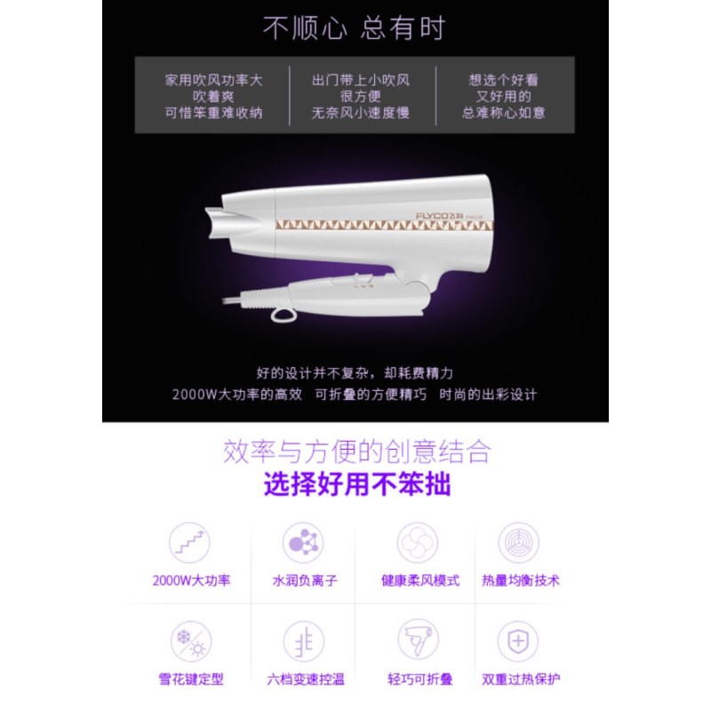 飞科 (FLYCO)FH6228大功率电吹风家用负离子吹风筒冷热风