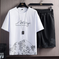短袖套装男士夏季韩版新款时尚潮流印花短裤青少年两件套_1 XL 雪山白衣黑裤套装