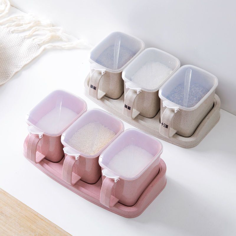 三格米色装盐的盒子调料盒家用调味盒套装组合装调料瓶盐罐厨房用品