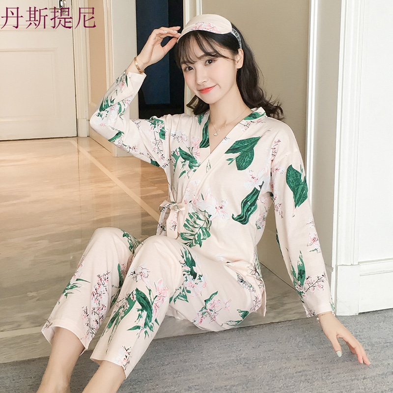 睡衣女春秋季和服青瓜长袖纯棉两件套装韩版清新学生大码冬家居服