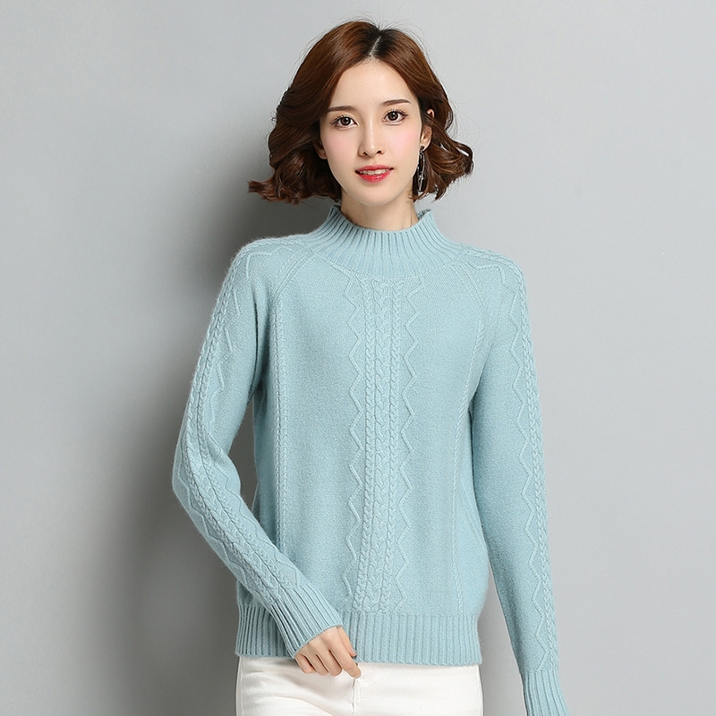 18秋冬半高领女螺纹绞花插肩袖羊毛衫女短款打底衫针织毛衣