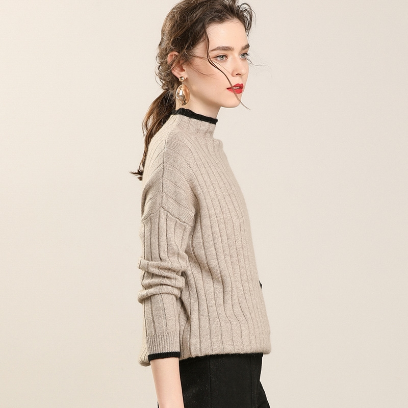 秋冬新款韩版时装条纹山羊绒单口袋宽松显瘦加厚毛衣女半高针