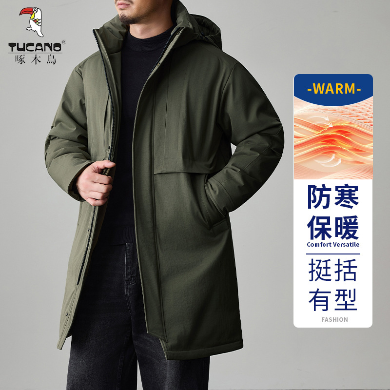 啄木鸟大码连帽中长款棉服男士秋冬新款潮流百搭加厚棉袄舒适外套高清大图