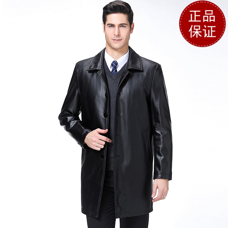 免费退换正品海宁真皮风衣男翻领领导干部加绒加厚保暖皮衣爸爸冬装外套男反季促销特价_588_372 180/92A 黑色