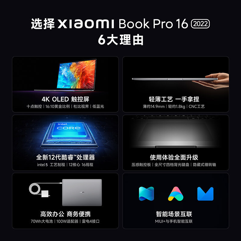 小米XiaomiBook Pro 16 2022款 4K超清大师触控屏 16英寸高性能轻薄本笔记本电脑(12代酷睿12核i5-1240P 16G 512GB 集显)
