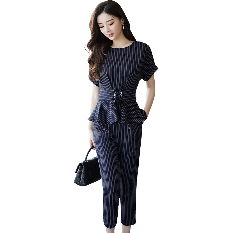 时尚套装女女士夏装新品韩版修身两件套上衣小脚七分裤休闲套装女
