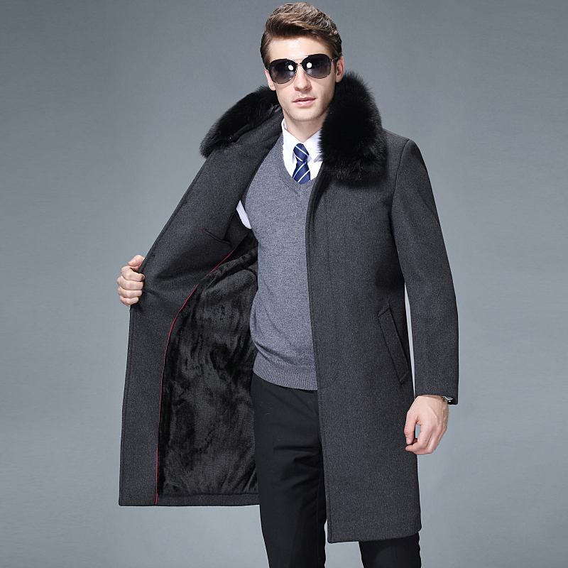 正品鄂尔多斯羊毛大衣男装外套2018秋冬加绒加厚中长款男士风衣羊绒外套翻领羊毛呢夹克短款男士茄克爸爸装金利来阿玛尼梦特娇 190/3XL 1219长款灰色加绒配毛领