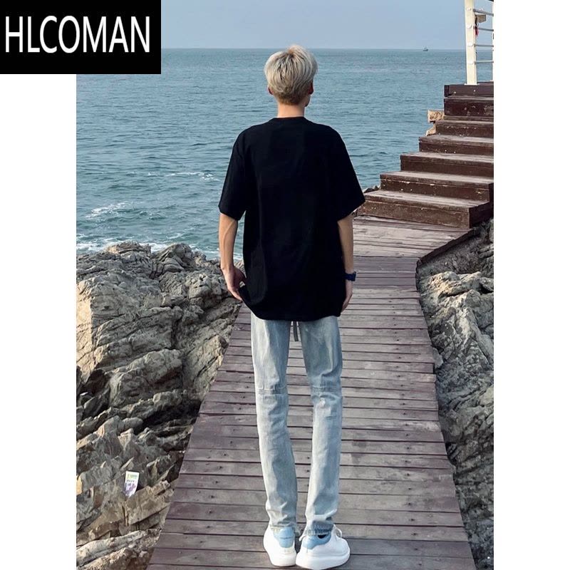 HLCOMAN夏季美式新款网红半袖t恤男ins潮牌黑色百搭短袖印花圆领宽松体恤图片
