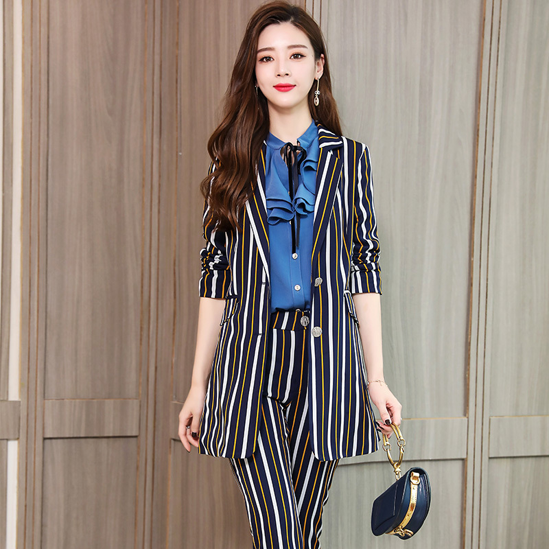 女士新品女装气质时尚职业套装小西装外套九分裤西裤条纹三件套女