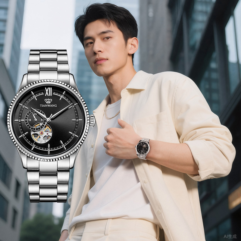 天王手表男士镂空机械表商务休闲男表高级蝴蝶扣正品腕表51232高清大图