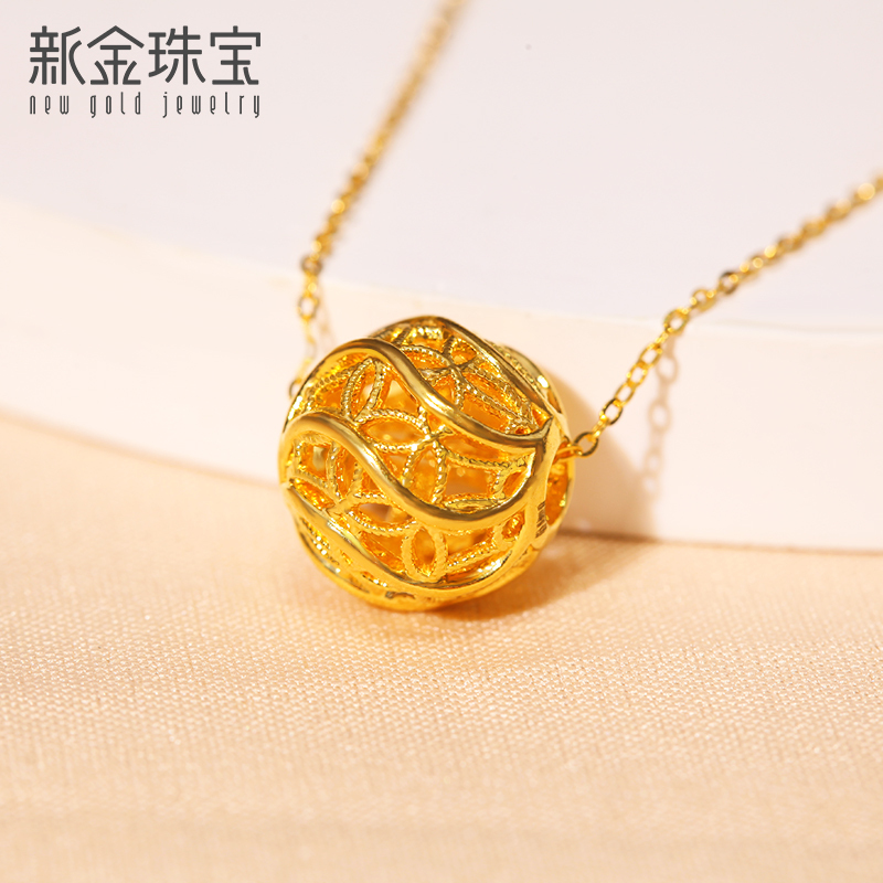 新金珠宝黄金镂空绣球套链999足金花丝项链女发财钱币路路通1042