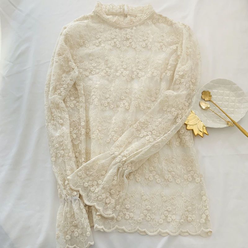 打底衫女秋冬2021新款内搭长袖爆米花超仙半高领网纱蕾丝小衫 白色 s