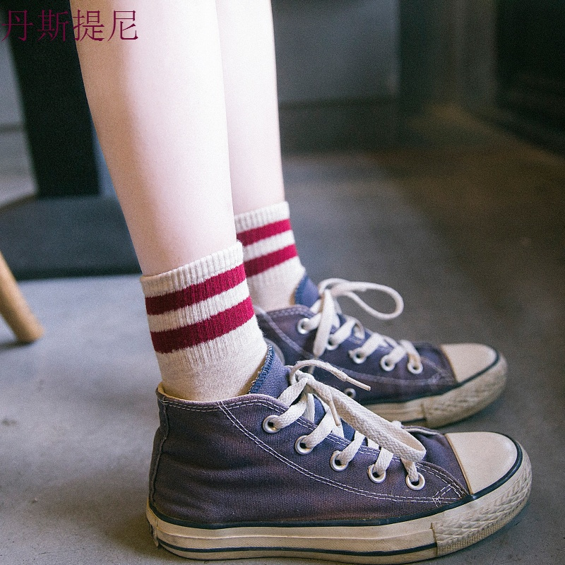 日系袜子女中筒袜韩版学院风二杠运动袜夏季纯棉复古百搭学生薄款