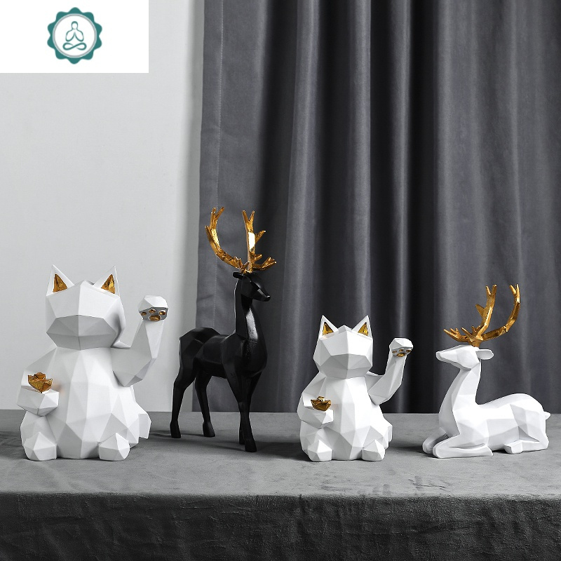 北欧几何猫办公桌小摆件办公室客厅创意摆设家居柜酒柜装饰品 封后