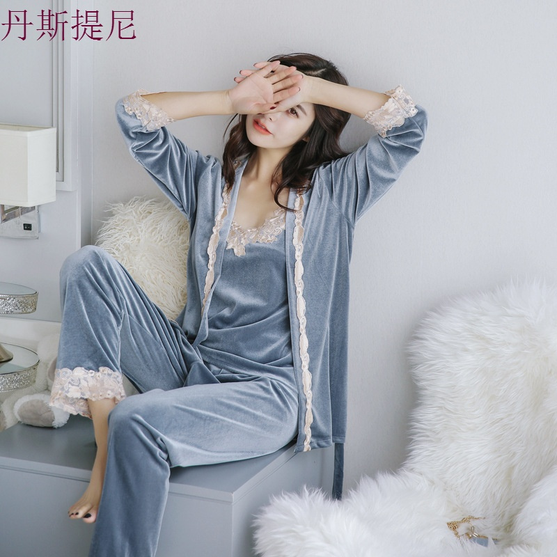 睡衣女春秋三件套装性感韩版长袖宽松大码金丝绒睡衣女秋冬家居服