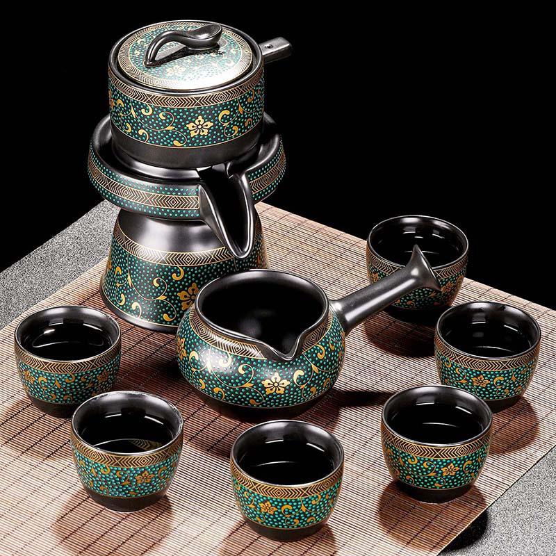 懒人自动功夫茶具套装家用陶瓷石磨防烫冲泡茶器中式客厅复古茶壶 暗香自动茶具9头散装