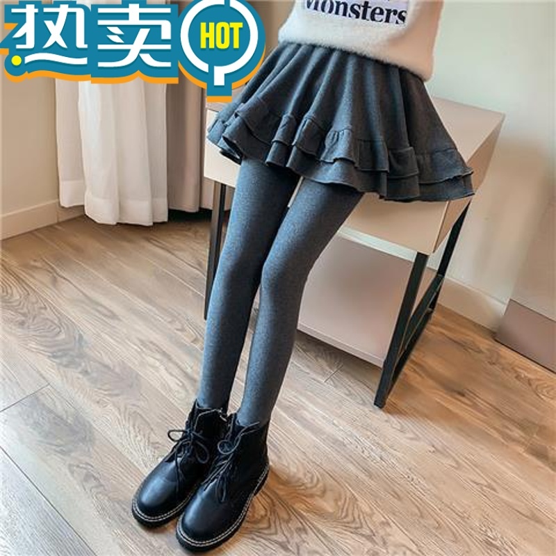 绿彩虹光女童加绒内搭裤裙秋冬装新款儿童加厚假两件裙裤中大童一体绒裤子