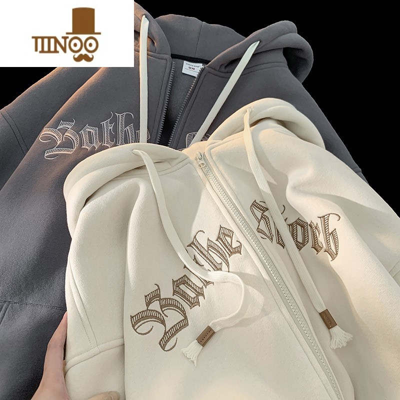 YANXU美式刺绣拉链连帽卫衣男港风宽松休闲外套ins潮秋季情侣运动开衫高清大图