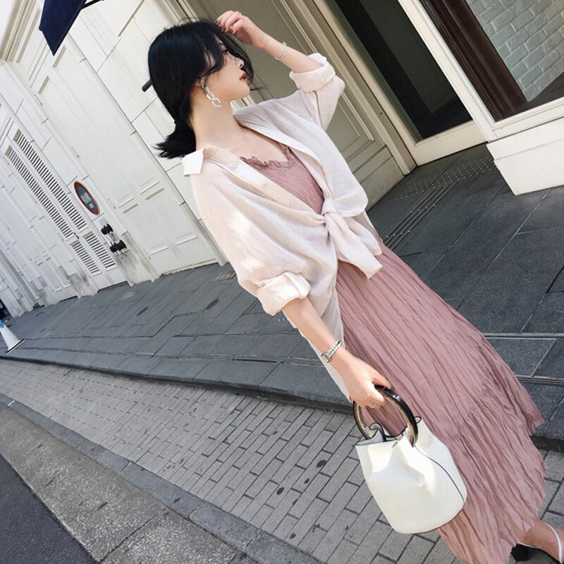 ins超火带连衣裙女夏2018新款温柔风百褶裙子过膝超仙雪纺长裙